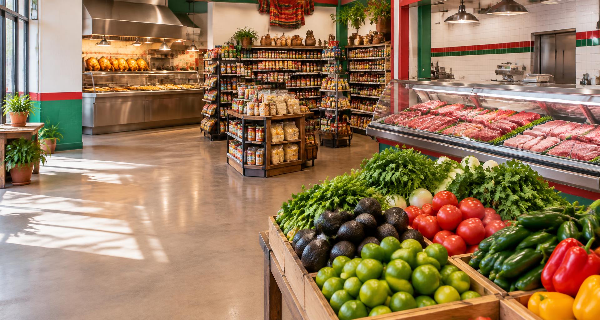 Illustrative Mexican market with groceries, a hot food kitchen, fresh produce and a butcher counter
