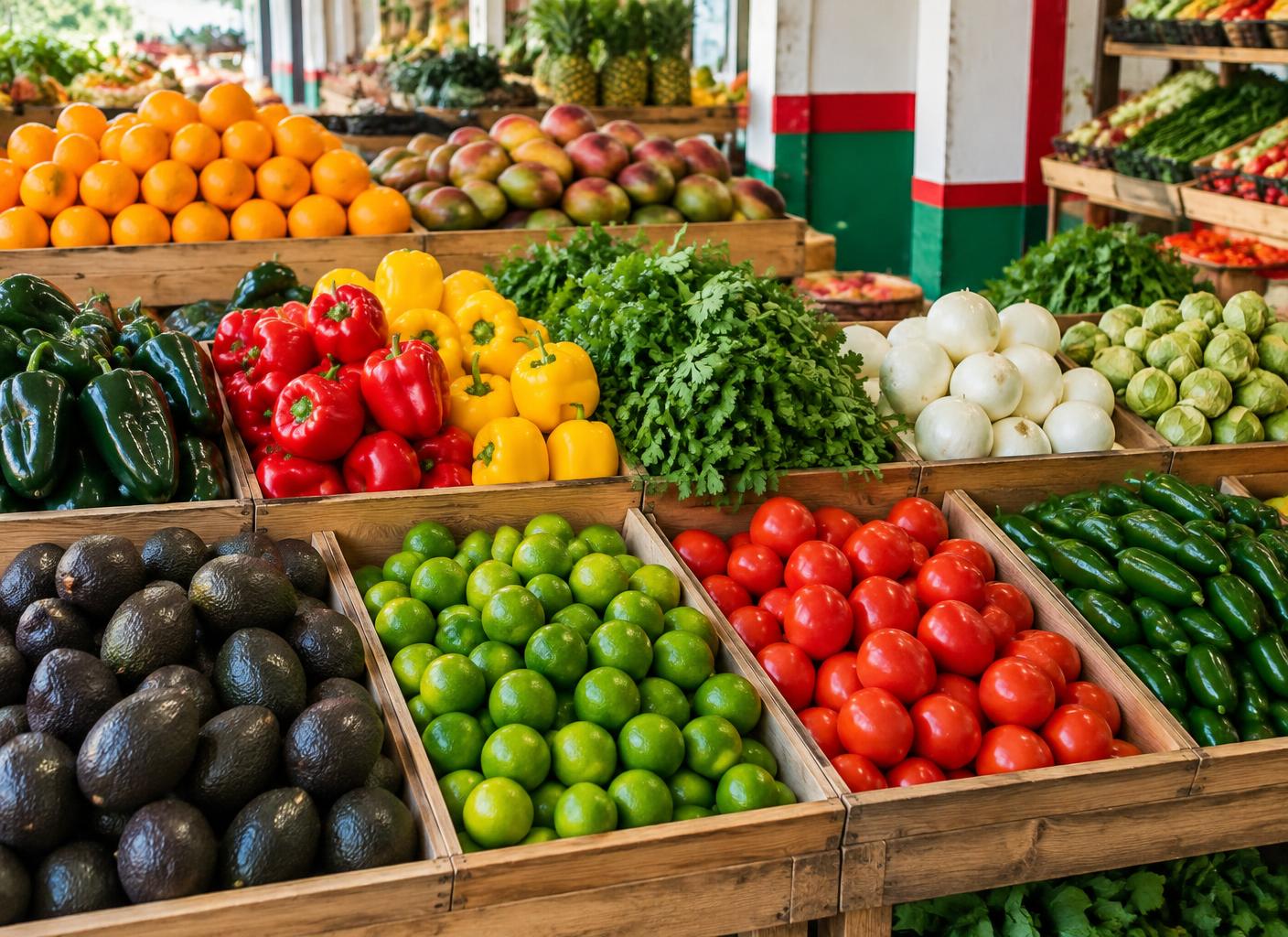 Illustrative fresh produce display with avocados, limes, peppers and vegetables